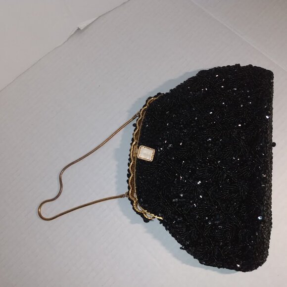 Jem: Vintage black clutch, chain strap and mother of pearl square jewel closure. - Picture 1 of 6